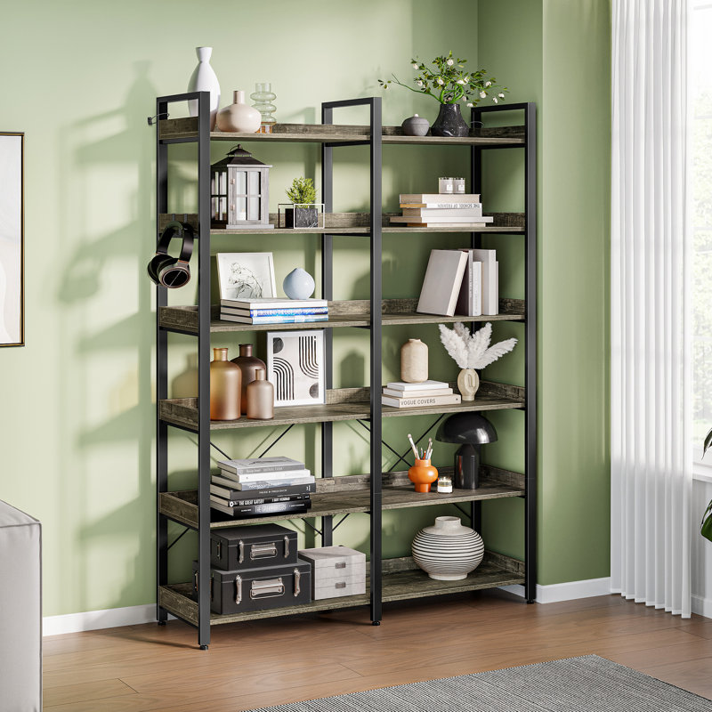 Bookshelf 6 Tier with 4 Hooks and fence, etagere bookcase with Open Shelves, Black/Grey