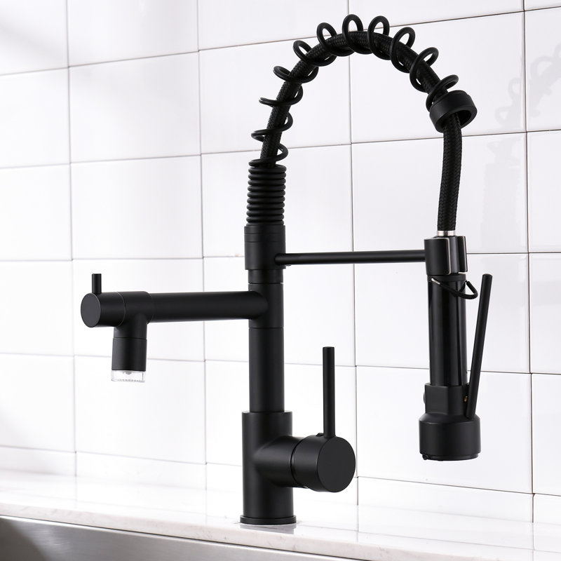 Robinet de cuisine contemporain à DEL avec tirette - noir, poignée simple, évier noir polyvalent, levier, qualité supérieure
