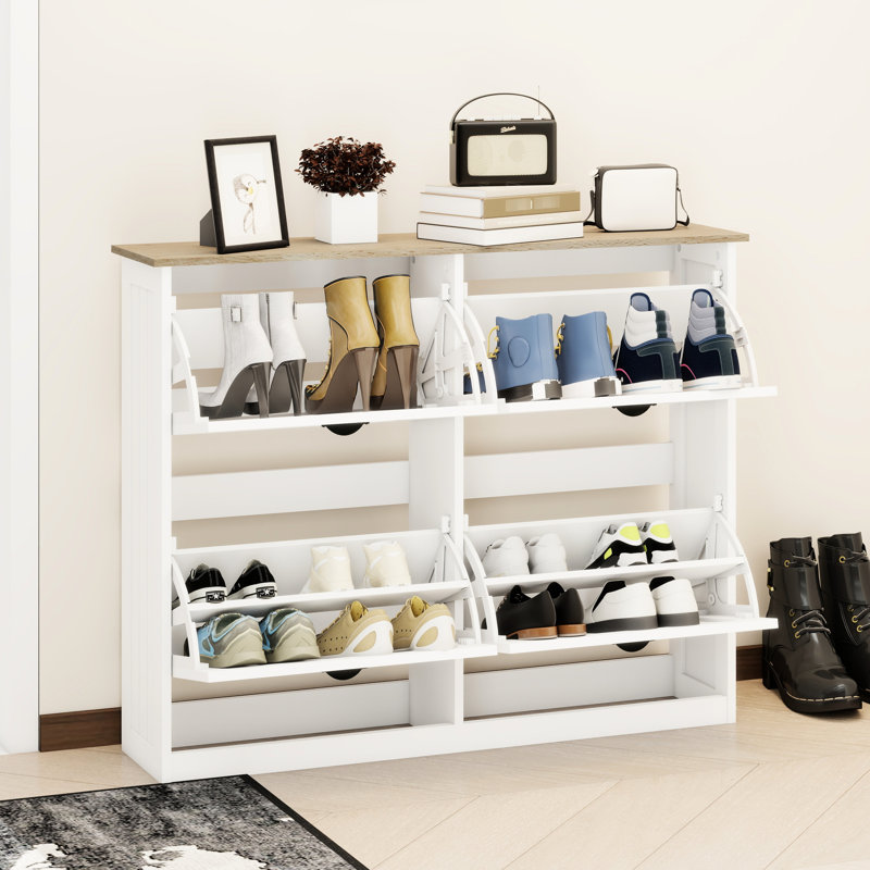 Rangement pour chaussures autoportant - 4 tiroirs et armoire de construction blanche avec grand hall d'entrée rabattable