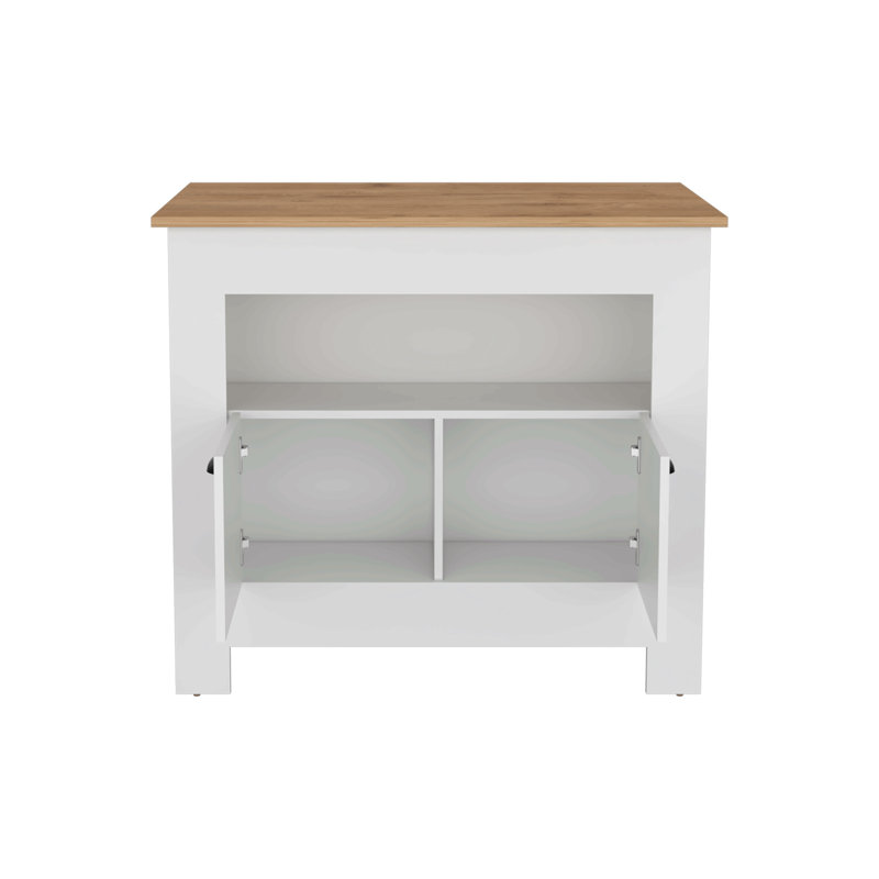 Kitchen Island 35" H, 2 Doors, 3 Shelves, Macadamia, White