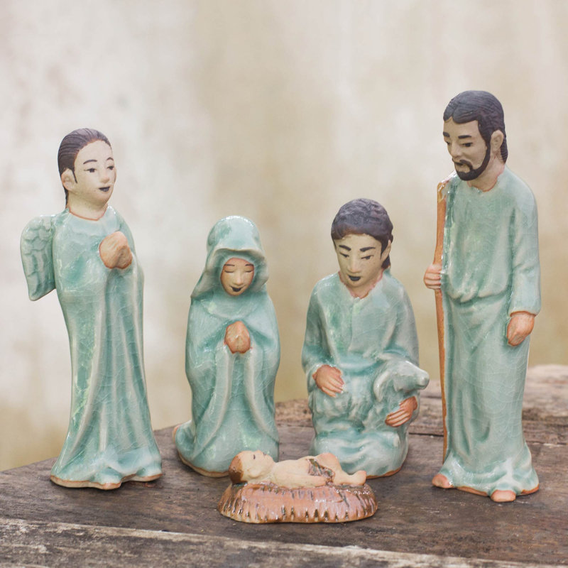 Ensemble de scènes de crèche en céramique celadon bénis 5 pièces