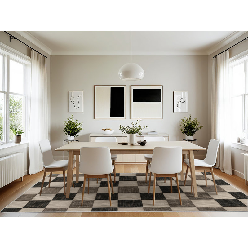 Tapis beige à carreaux lavable à la machine, Rectangle 7 pi x 10 pi