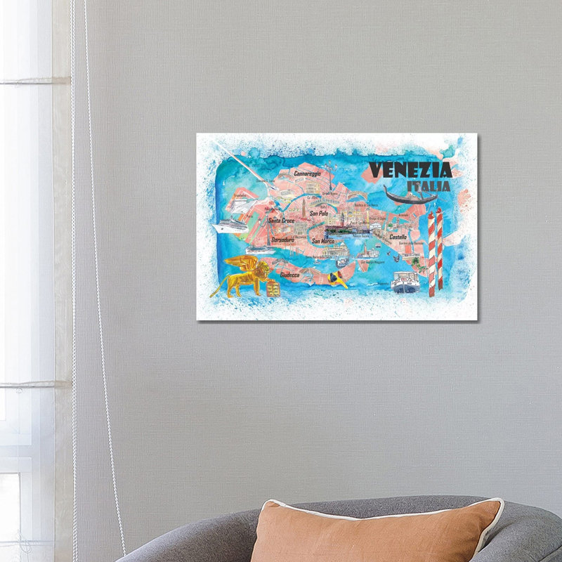 Venice Italy Illustrated Map With Main Canals Landmarks And Highlights by Markus & Martina Bleichner - Wrapped Canvas Painting