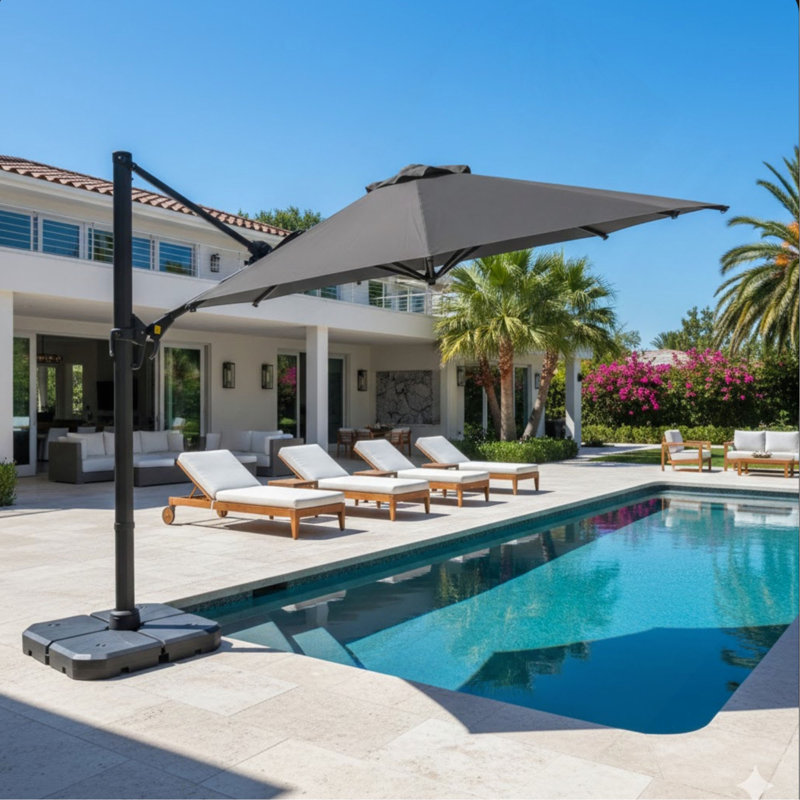 Grand parasol de patio en porte-à-faux carré de 10 pi avec rotation à 360 ° et réglage des mésanges et parasol de terrasse robuste à baldaquin en polyester sans base.