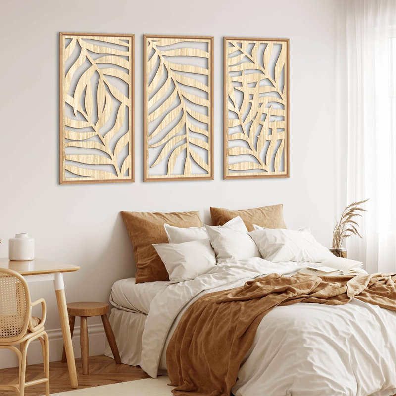Wooden Palm Leaves Wall Art, Boho Leaves Wall Decor, Tropical Leaf Artwork Framed, Beige Leaves Home Decor For Office Bedroom Living Room Dining Room, Set Of 3 Each 16x32 Inch