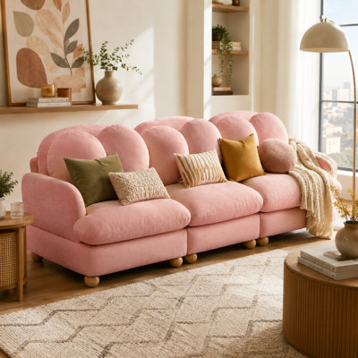 Gatton Chenille Modular 3-Seater Sofa, Deep Seat Couch with 6 Throw Pillows, Solid Wood Frame, Rounded Armrests & Wooden Legs, Retro Modern Living Room Sectional Sofa