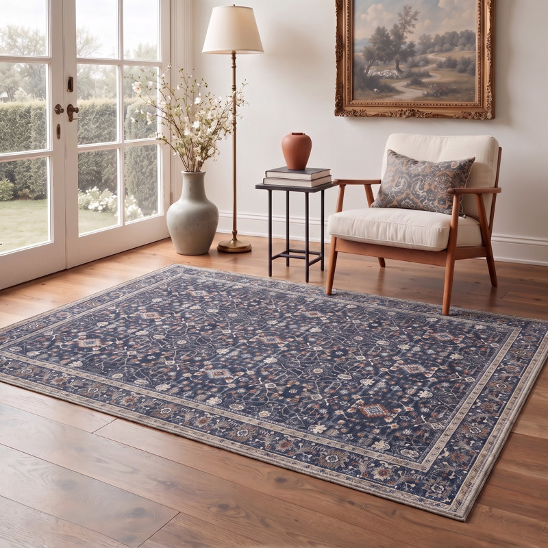 Tapis traditionnel oriental bleu / gris performance à poils courts et antidérapant, Rectangle 9 pi x 12 pi
