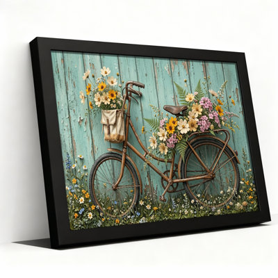 Toile noire encadrée en bois noir pour le salon, la chambre à coucher, le bureau ou le vestibule - décoration murale décorative avec vélo floral