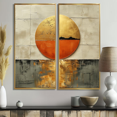 Coucher de soleil japonais doré sur lac - grand art mural japonais 2 pièces