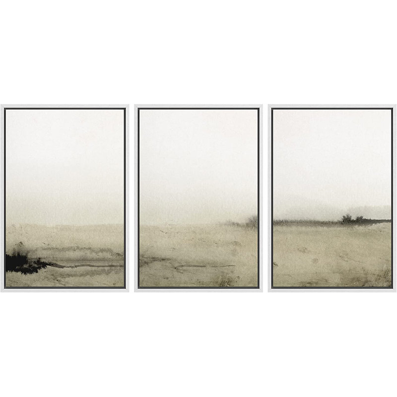 «Minimal Landscape», ensemble de 3 peintures encadrées sur toile, H 36 po x l 72 po x P 1,5 po, Blanc