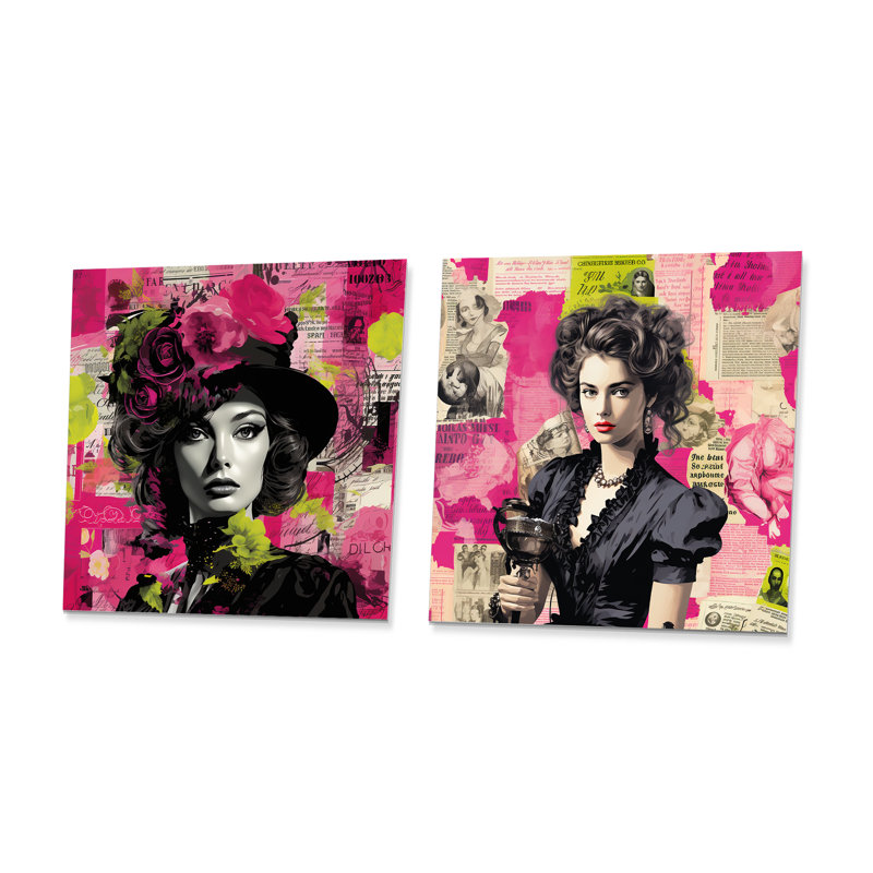 Popart rose et vert mode femme I - Pop Art, ensemble d'art mural en métal carré de 2, H 16 po x l 32 po