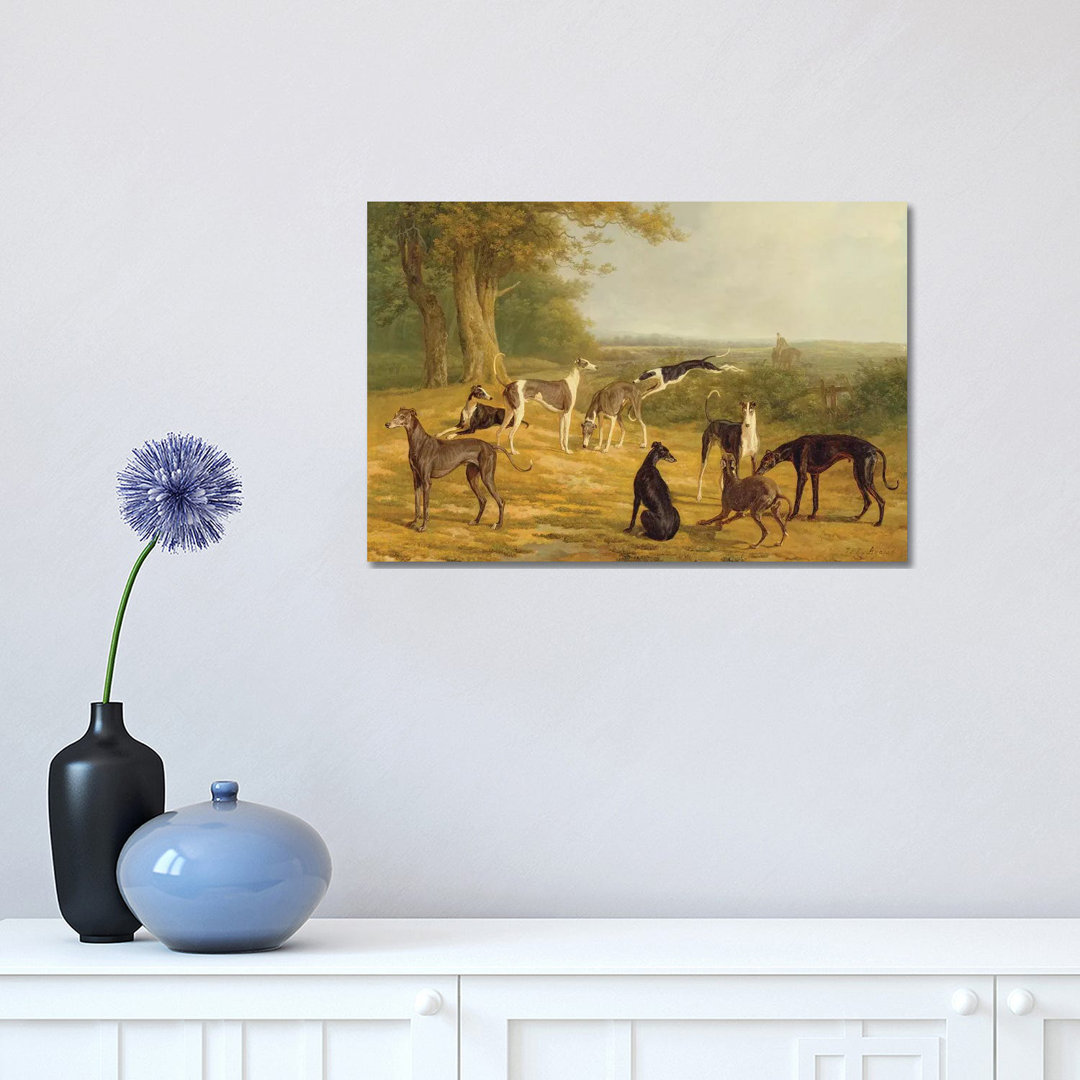 Nine Greyhounds in a Landscape by Jacques-Laurent Agasse - Wrapped Canvas Painting
