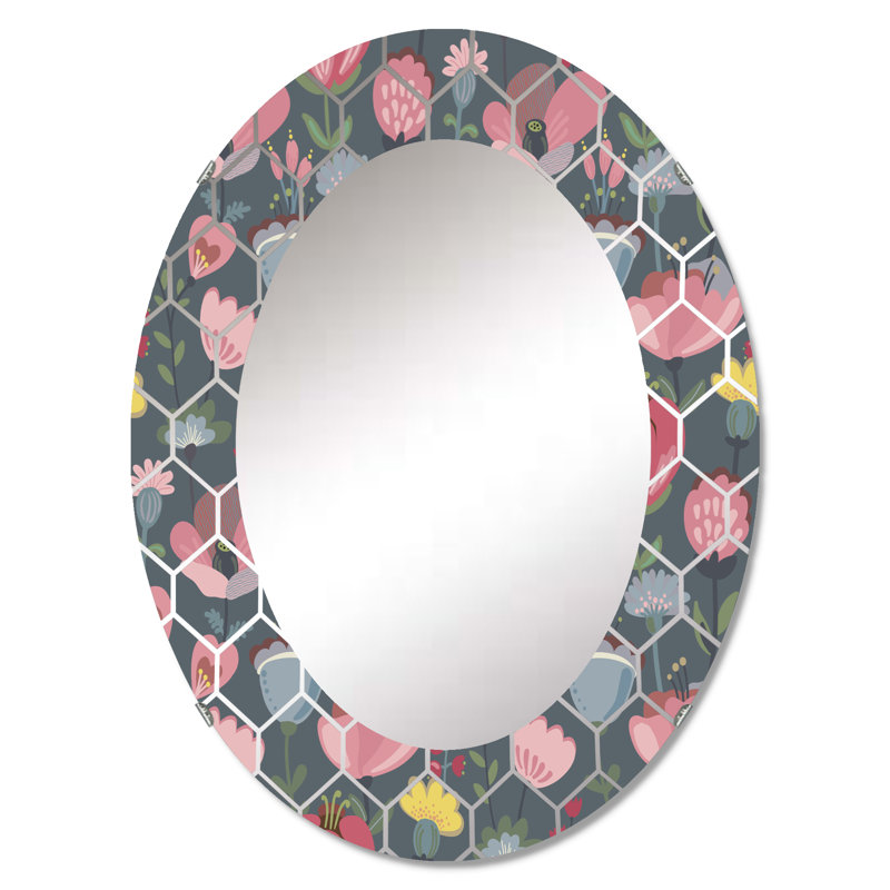 Fleurs roses, feuilles, branches et baies - miroir mural moderne, 36 po x 24 po