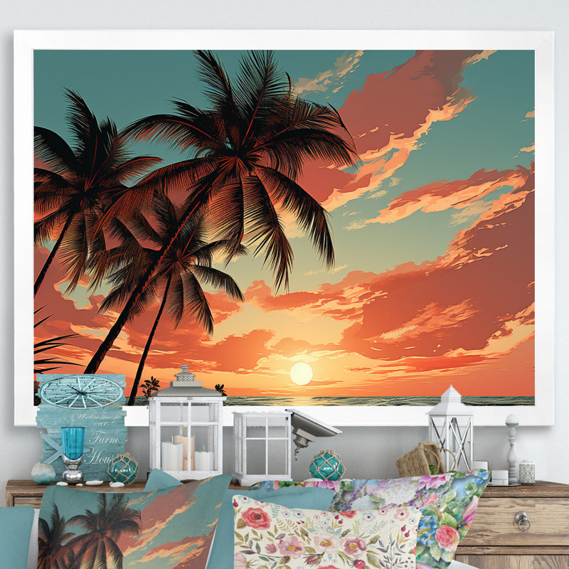 Palmier au coucher du soleil I sur toile, H 16 po x l 32 po x P 1 po, Cadre photo blanc