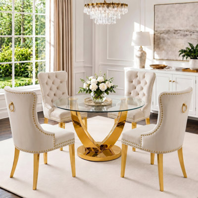 38.9" Round Glass Dining Room Table Set for 4, Modern Clear Kitchen Table Set with 4 Velvet Upholstered Chairs
