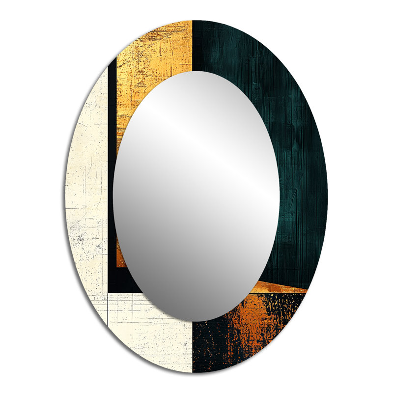 Abstrait abstrait doré et émeraude changeant de perspective - Miroir décoratif abstrait ovale sur métal, 40 po x 30 po