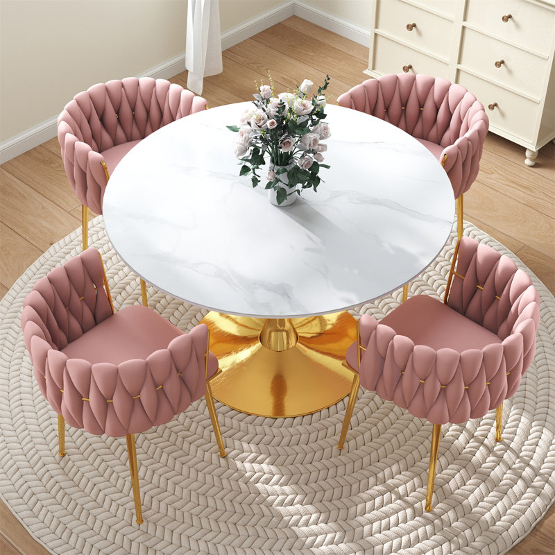 Ensemble de salle à manger à piédestal rond avec chaise tissée, Rose