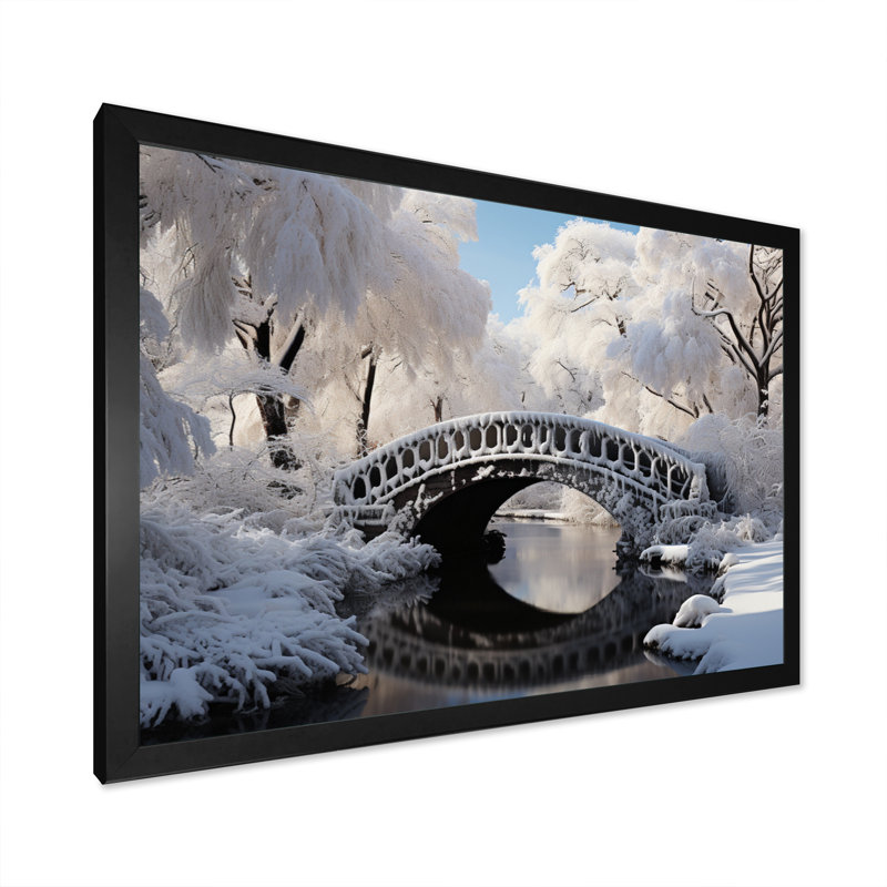 Winter Landscape Snowy Bridges II, reproduction d'art sur toile, Cadre simple noir, H 24 po x l 32 po x P 1 po