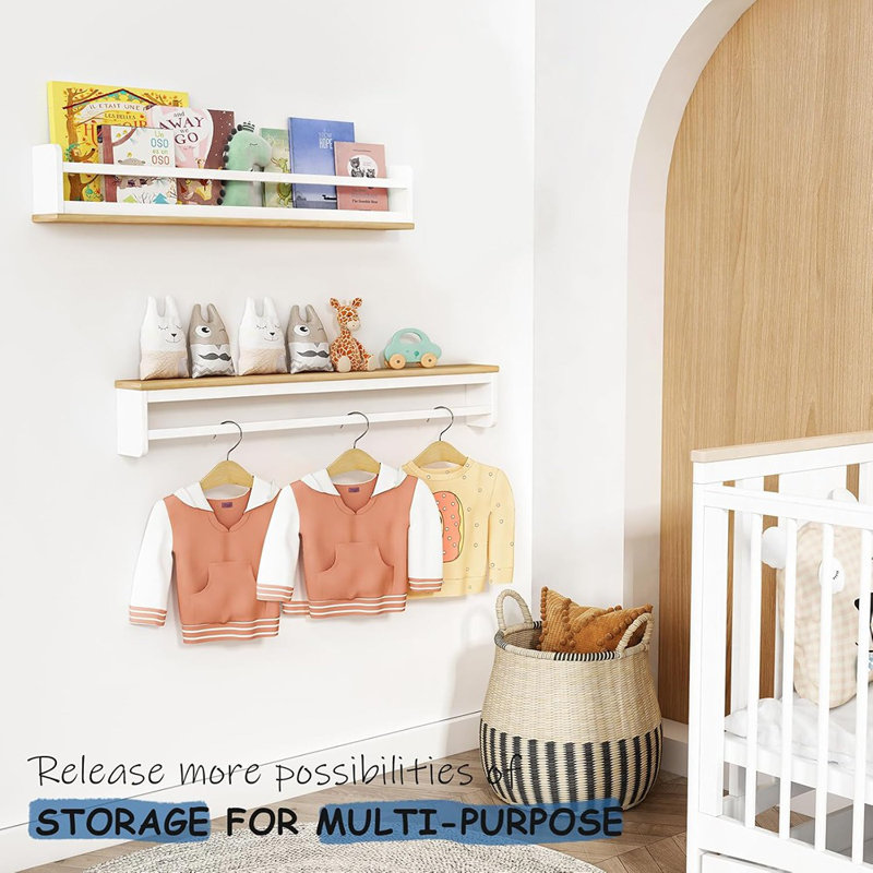 White And Wood Nursery Floating Bookshelves For Wall, Hanging Book Shelves For Bedroom Classroom Library, Set Of 3