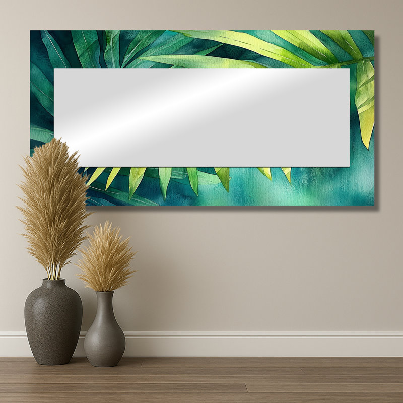 «Green Tropical Safari Palms I» - art mural miroir palmiers et palmiers - imprimé sur métal, 28 po x 55 po