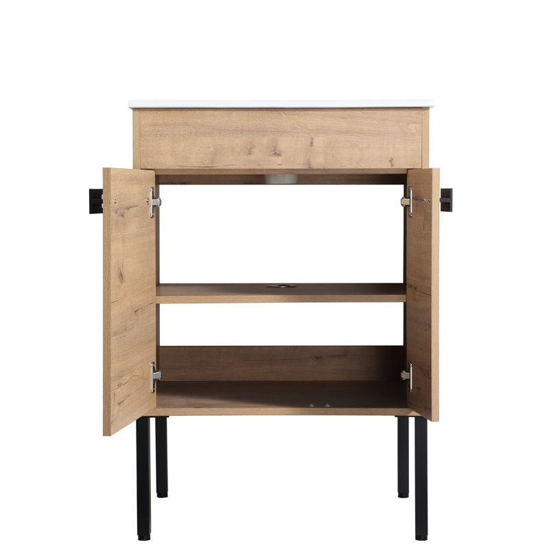 24" Bathroom Storage Vanity With Adjustable Shelf And Quiet Closing Feature In Freestanding Style Imitative Oak Color