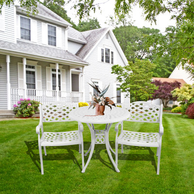 3 Piece Cast Aluminum Bistro Set With Umbrella Hole, Outdoor Patio Furniture Set for Garden,White