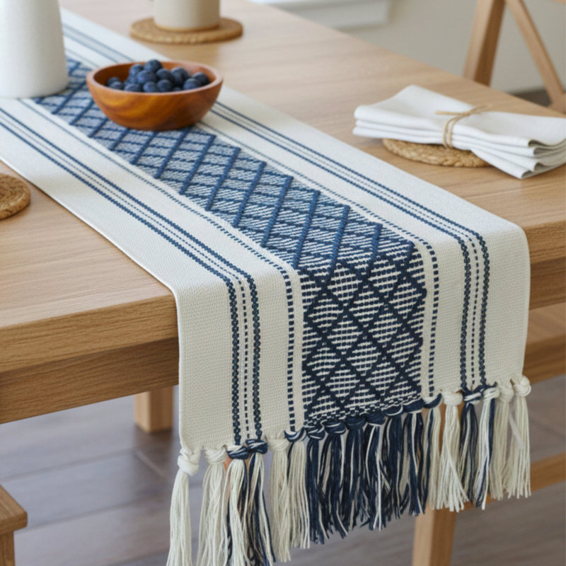 Boho Cotton Woven Table Runner With Tassels, 48" x 14", Blue/Cream