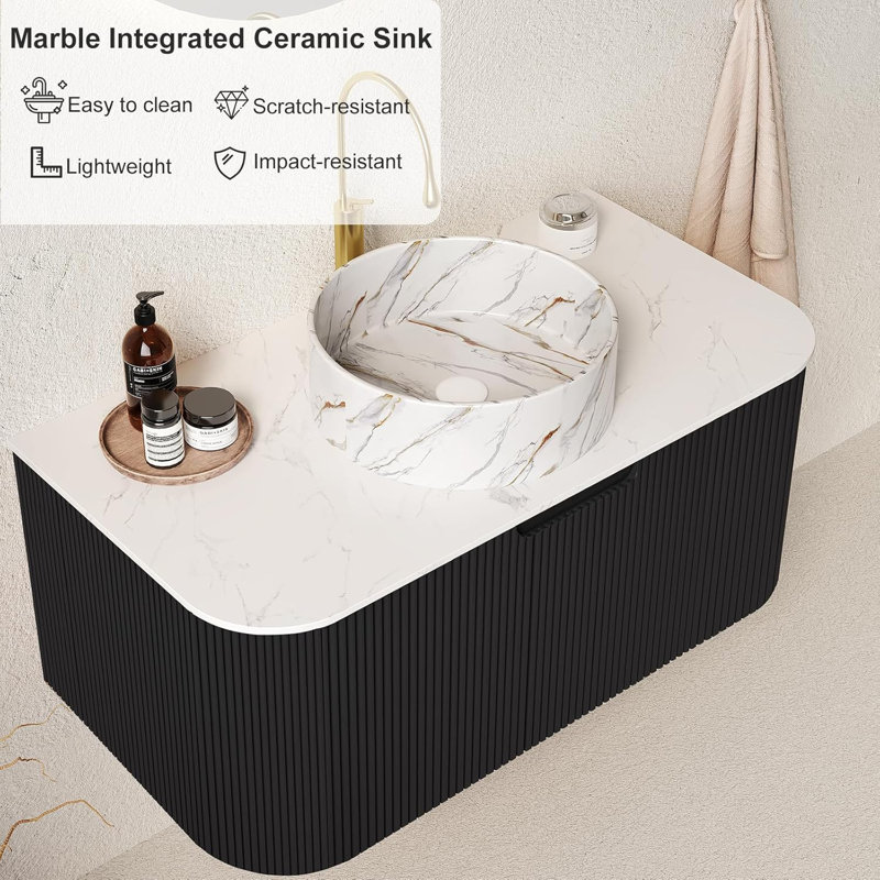 Floating Bathroom Vanity with Sink,Ceramic Basin and Marble Countertop, No Assembly Required, Black, 24"