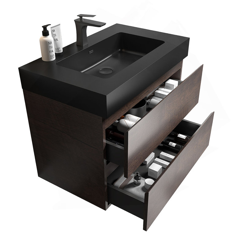 Meuble-lavabo mural flottant avec lavabo et rangement, 30", Noyer, Noir