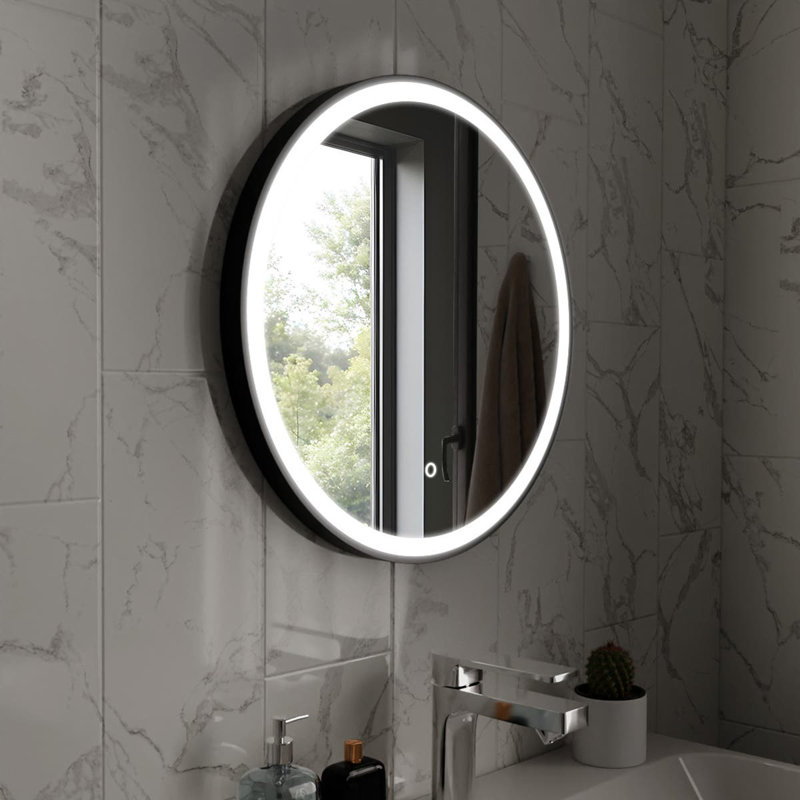 Round LED Bathroom Mirror Fog Free Touch Sensor, 60 cm H x 60 cm W, Matt Black