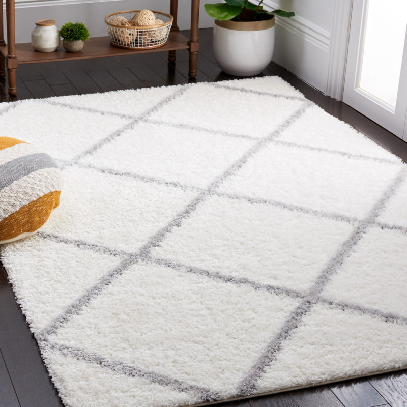 Tapis géométrique tissé à la machine blanc / gris, Rectangle 5 pi x 7 pi