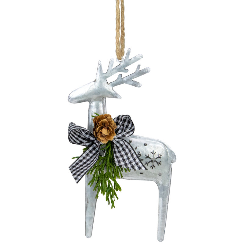 Ornement de Noël renne en métal argenté 6,25 "avec nœud papillon vichy noir et pin, Noir