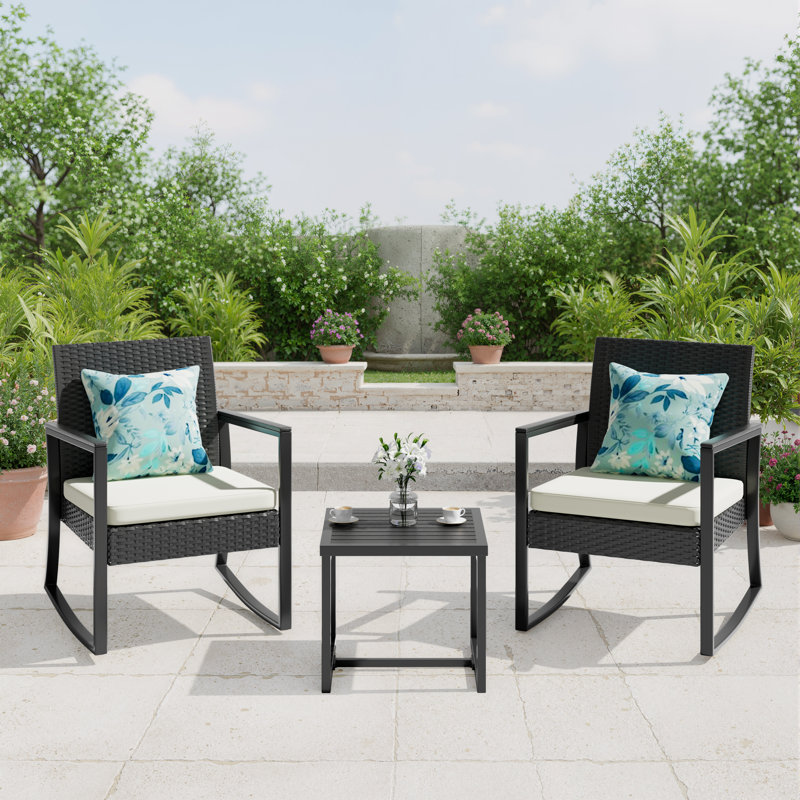 3 Pieces Patio Conversation Sets Outdoor Patio Furniture Set Rocking Bistro Set Rattan Conversation with Coffee Table