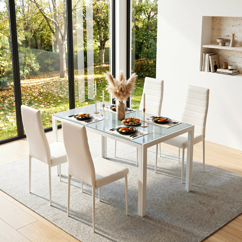 5 Piece Dining Table Set For 4, Tempered Glass Kitchen Table With 4 Upholstered Pu Chairs, Space-saving & Metal Steel Frame Dining Room Set For Home, Kitchen, Dining Room, Small Space(white)