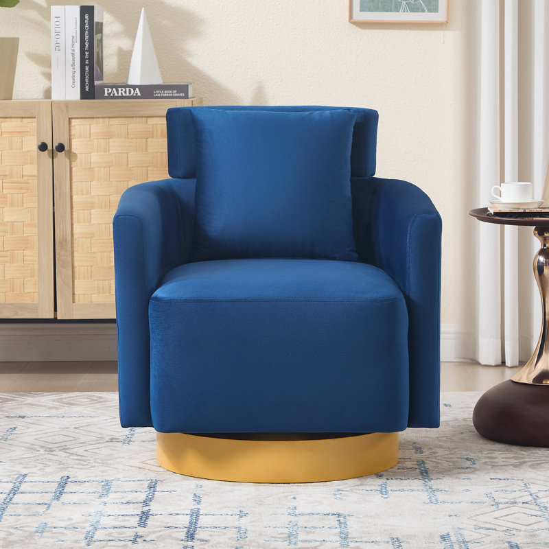 Velvet Upholstered Swivel Accent Chair with Cushion, Blue