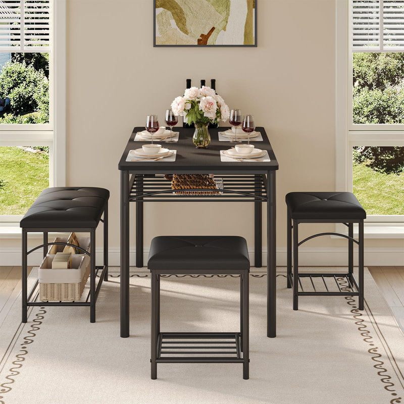 Ensemble de table de salle à manger pour 4 personnes avec banc rembourré et tabourets de cuisine, ensemble de table compacte peu encombrante avec tablettes de rangement pour la maison