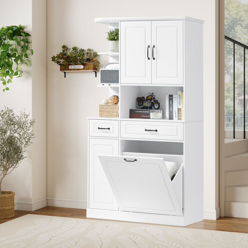 Armoire de rangement autoportante pour salle de bain avec panier à linge inclinable, portes et tiroirs