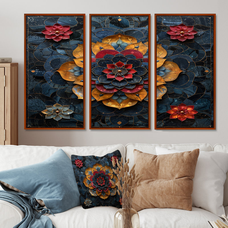 Fleur de lotus rouge, pétales dorés - ensemble d'art mural mandala boho, Cadre flottant brun, H 32 po x l 48 po x P 1 po