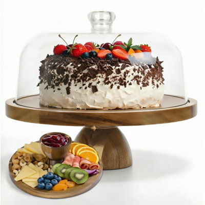 12in Wood Cake Stand with Acrylic Dome,2-In-1 Cake Display Stand for Charcuterie Board