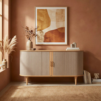 Willam Light Stained Oak Sideboard TV Unit Japandi Mid-Century Credenza with Fabric Tambour Doors and Solid Wood Legs
