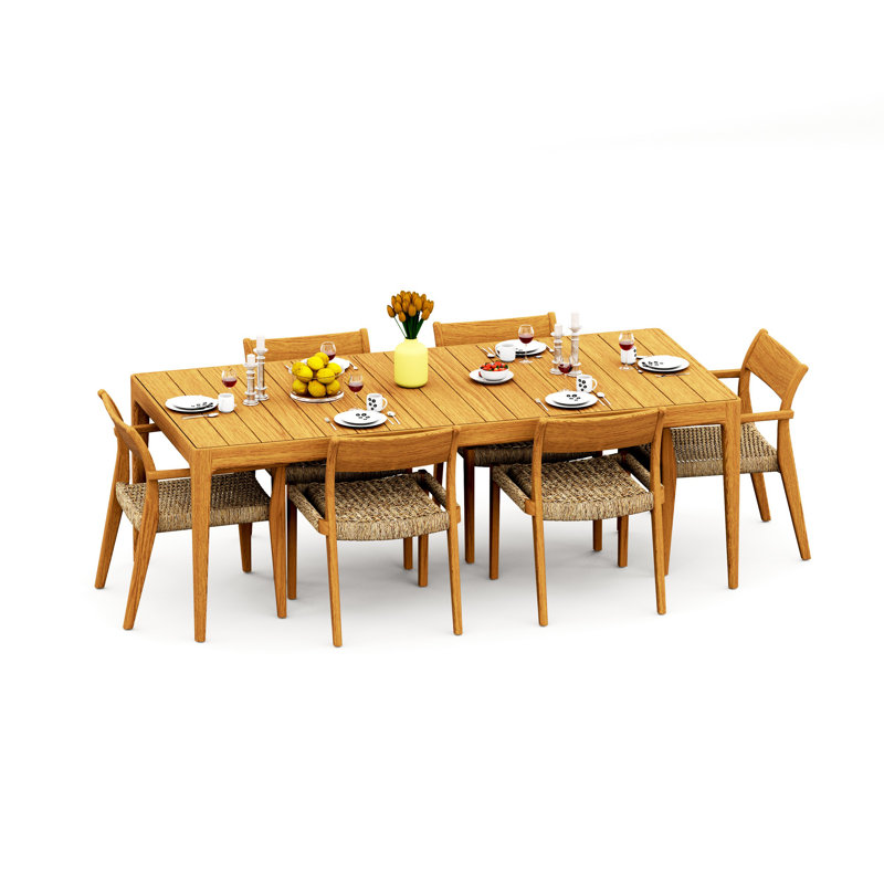 8 Seats 9 Pcs Grade-A Teak Wood Dining Set: 84" Amilo Rectangle Table And 8 Amilo Stacking Chairs (2 Arm & 6 Armless Chairs) #11AM3002