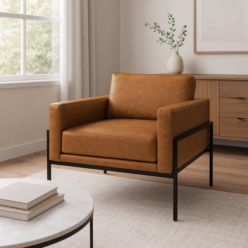Fauteuil d'appoint Fiam, similicuir, pieds noirs modernes, Brun caramel