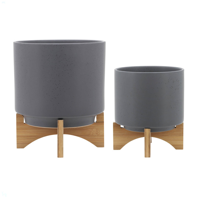Pot à fleurs en céramique avec support en bambou - Pot moderne avec base surélevée pour l'intérieur, Gris, 2