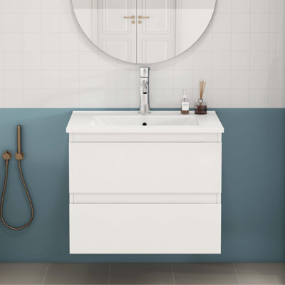 Meuble-lavabo compact compact de 24 pouces avec lavabo et deux grands tiroirs à fermeture en douceur pour un rangement efficace et une conception moderne
