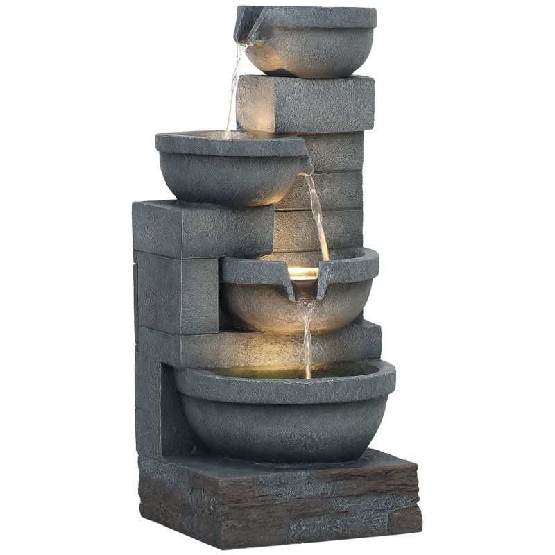 Outdoor Water Fountain with LED, Cascading Bowls Waterfall, Grey