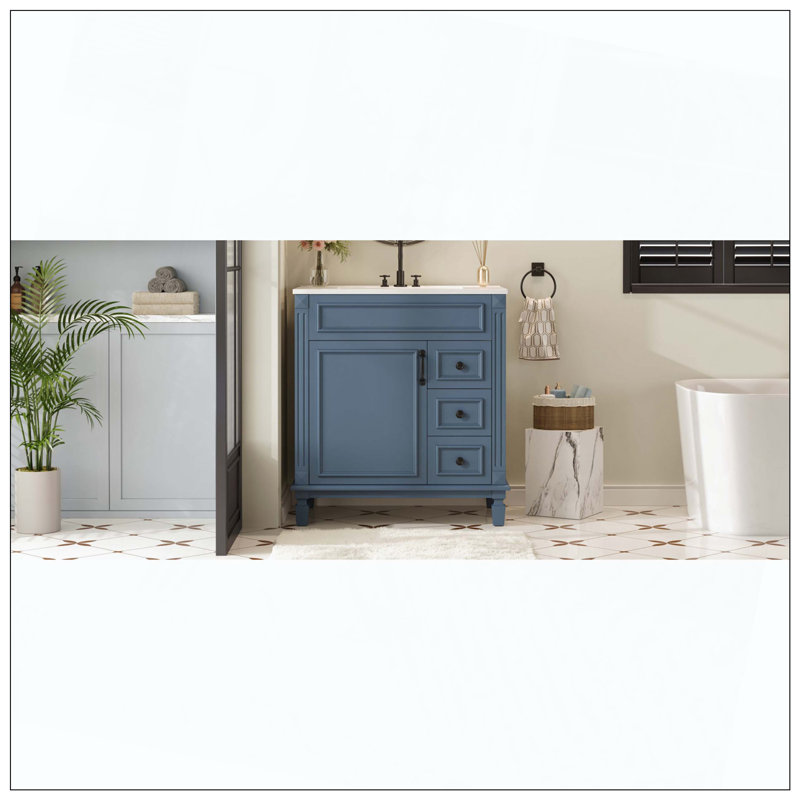 Petite armoire de meuble-lavabo en céramique 2 tiroirs, Bleu