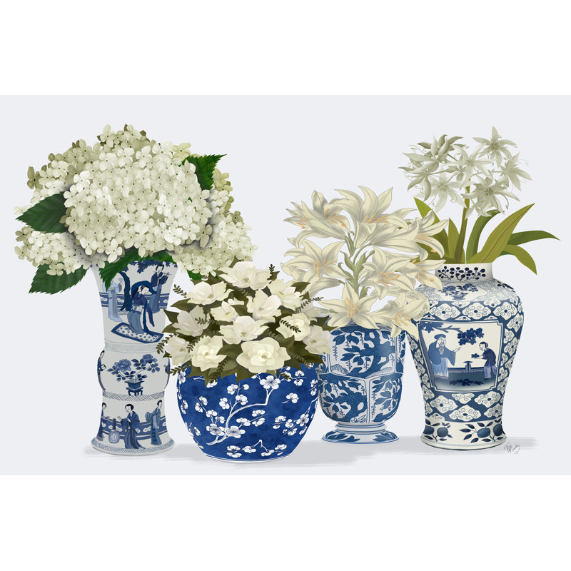 «Chinoiserie Flower Quartet 2, Blue» par Fab Funky, reproduction d'art mixte, H 32 po x l 48 po x P 1,25 po