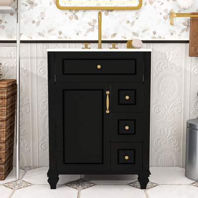Freestanding Bathroom Vanity with Ceramic Sink, Flip-Out Drawer, 3 Drawers and Adjustable Shelf