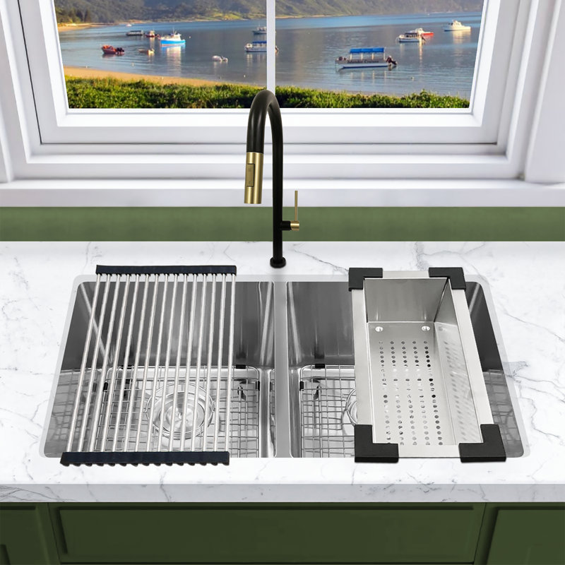 KBFmore Single Bowl Tight Radius Stainless Steel Kitchen Sink, 5 Pcs Sink Gadgets, 16-Gauge, 9" H x 33" W x 9" D