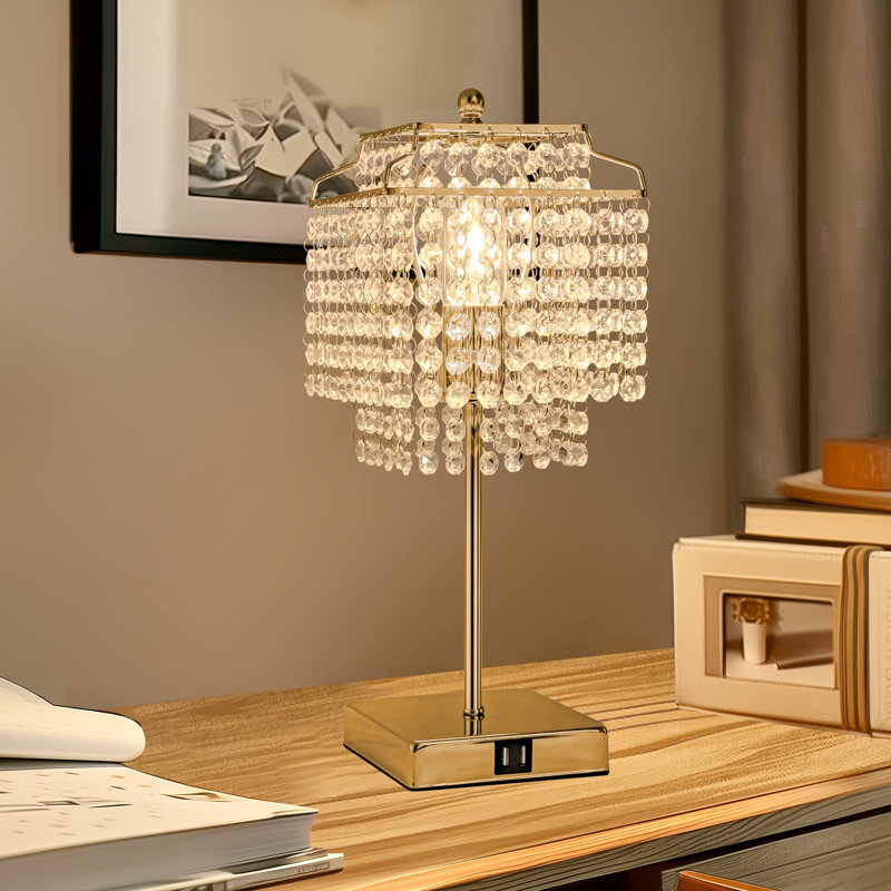Modern Crystal Table Lamp With Dual USB Charging And Dimmable Function, Gold, 17'' H x 7'' W x 7'' D, Clear